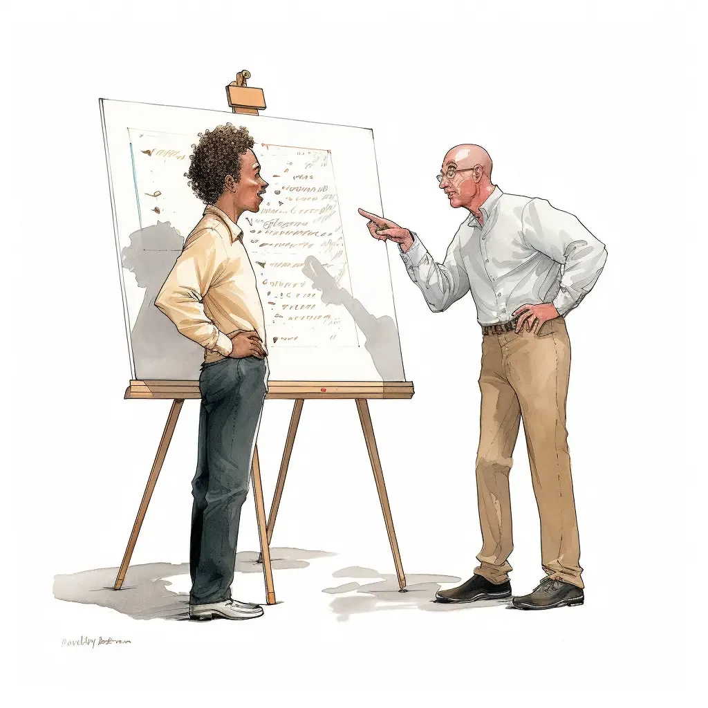 An illustration of a board member discussing metrics with a CEO at a flipchart