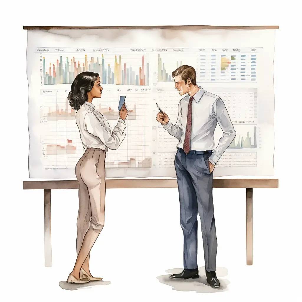 Illustration of an HR leader reviewing team dynamics, New Yorker style